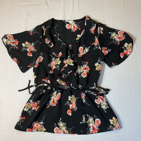 Sienna Sky Tops - Sienna Sky Black w/Pink floral Design Blouse, Size S, Side Tie, V-Neck Party